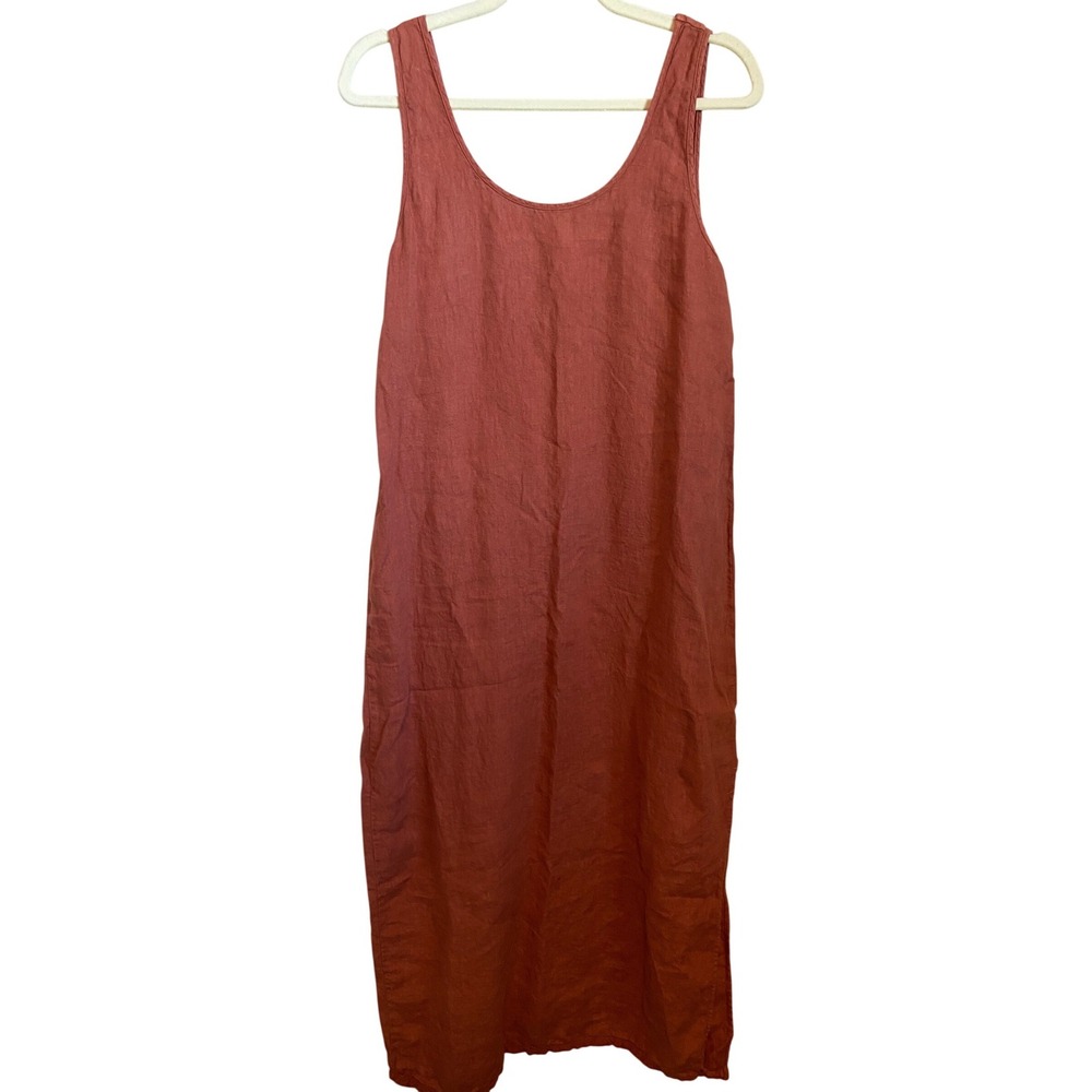 LA RELAXED Terracotta 100% Linen Maxi Tank Dress Side Slit Size M Made in USA